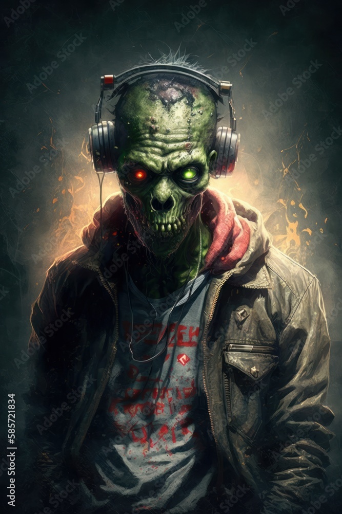 Music in headphones. Zombie, hip hop style. Beautiful illustration picture. Generative AI