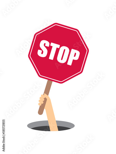 Vector hand emerging from a hole holding a STOP sign. Isolated on white background.