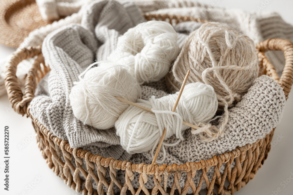 Basket with yarn close-up, threads for knitting. Basket with yarn close-up, threads for knitting.