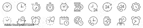 Time concepts and clocks thin line icon set. Symbol collection in transparent background. Editable vector stroke. 512x512 Pixel Perfect.