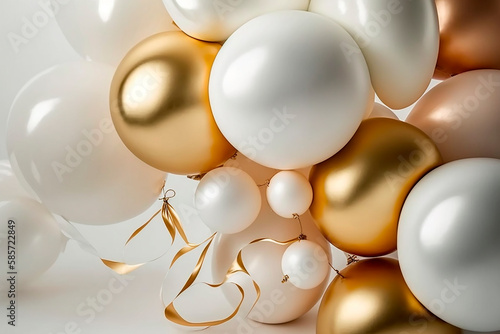 Wallpaper Mural Holiday balloons in white and gold on white insulated background in the air, festive mock up with space copying template. Generative AI. Torontodigital.ca