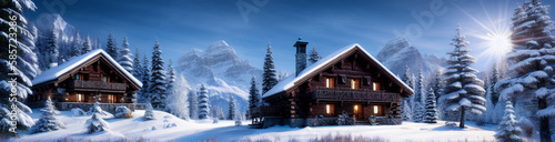 Wallpaper Mural Illustration of a cozy cabin surrounded by snow-covered trees created with Generative AI technology Torontodigital.ca