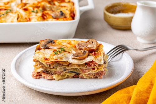 Slice of tasty homemade white lasagna with porcini and champignon mushrooms, onion and meat sausages. Pasta with parmesan cheese and bechamel sauce.