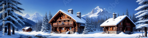 Wallpaper Mural Illustration of a cozy cabin surrounded by snow-covered trees created with Generative AI technology Torontodigital.ca