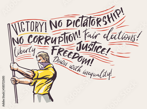 Illustration of a man with a flag of words and inscriptions in his hands, symbolizing the protest movement, the movement of revolution and social justice.