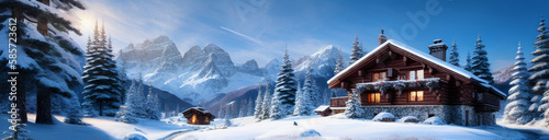 Wallpaper Mural Illustration of a cozy cabin surrounded by snow-covered trees created with Generative AI technology Torontodigital.ca