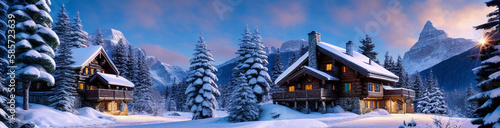 Wallpaper Mural Illustration of a cozy cabin surrounded by snow-covered trees created with Generative AI technology Torontodigital.ca