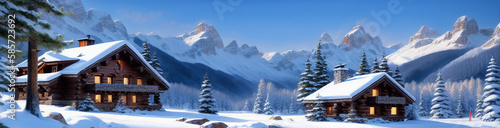 Wallpaper Mural Illustration of a cozy cabin surrounded by snow-covered trees created with Generative AI technology Torontodigital.ca