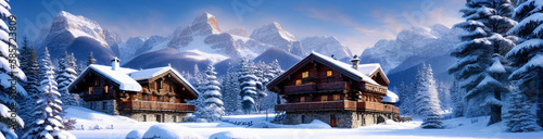 Wallpaper Mural Illustration of a cozy cabin surrounded by snow-covered trees created with Generative AI technology Torontodigital.ca