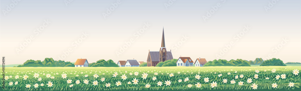Rural landscape with a village in the background and a flowering meadow with a carpet of large flowers in the foreground. Vector illustration.