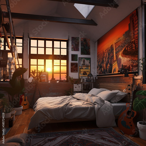 cozy bed with stylish paintings on the wall and lots of plants a sunset. Generative Ai