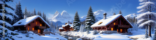 Wallpaper Mural Illustration of a cozy cabin surrounded by snow-covered trees created with Generative AI technology Torontodigital.ca