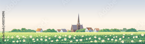 Rural landscape with a village in the background and a flowering meadow with a carpet of large flowers in the foreground. Vector illustration.