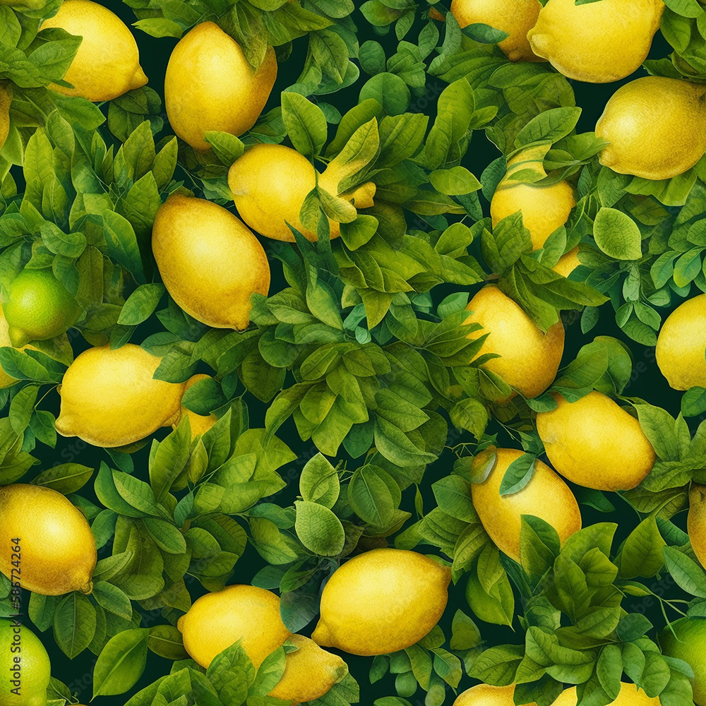 seamless and tileable image featuring an array of vibrant lemons on a lush green background. Generative Ai