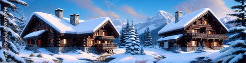 Wallpaper Mural Illustration of a cozy cabin surrounded by snow-covered trees created with Generative AI technology Torontodigital.ca