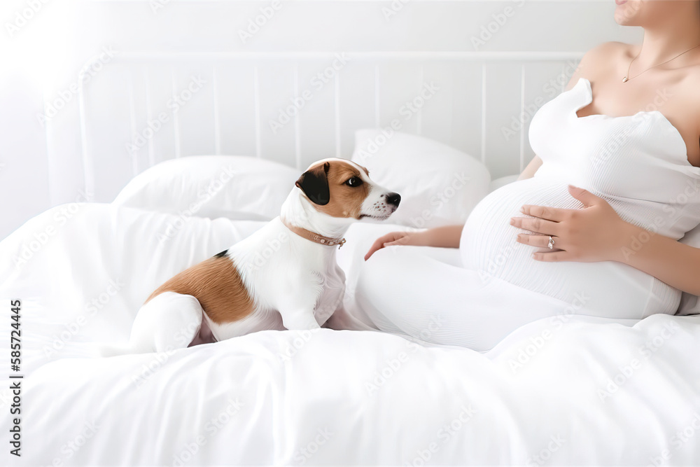 Cropped view pregnant woman big belly sitting on white bed with jack russel dog at home, Pregnancy, maternity, preparation and expectation, generative ai Cropped view pregnant woman big belly sitting on white bed with jack russel dog at home, Pregnancy, maternity, preparation and expectation, generative ai