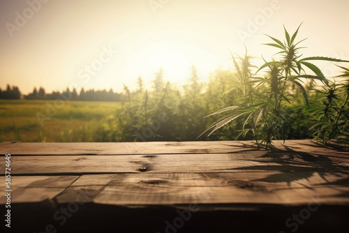 Empty wooden table for products display with marijuana plants blur background. Generative AI technology.