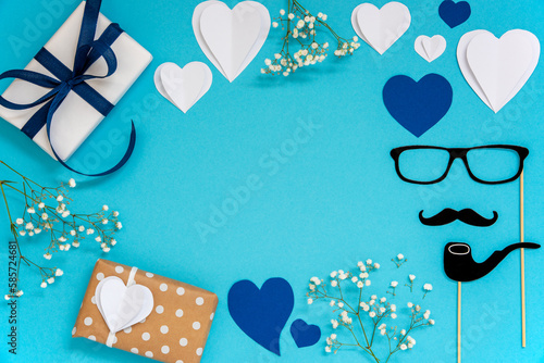 Blue Flat Lay With Accessories, Gifts, Hearts, Copy Space