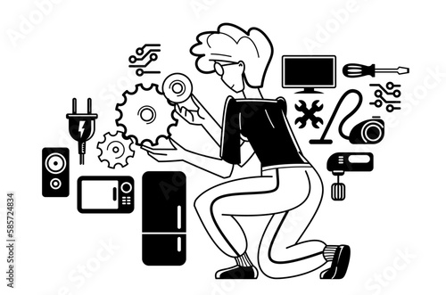 Technician engineer repairing household appliances, woman repairer service vector outline illustration, engineer fixing and upgrading different technics.