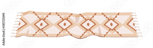 Floor rug runner, long rectangular hallway mat with pattern, tassels. Home passage, corridor carpet design for trendy interior. Colored flat graphic vector illustration isolated on white background