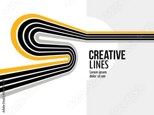 Future lines in 3D perspective vector abstract background, black and yellow linear composition, optical illusion op art.