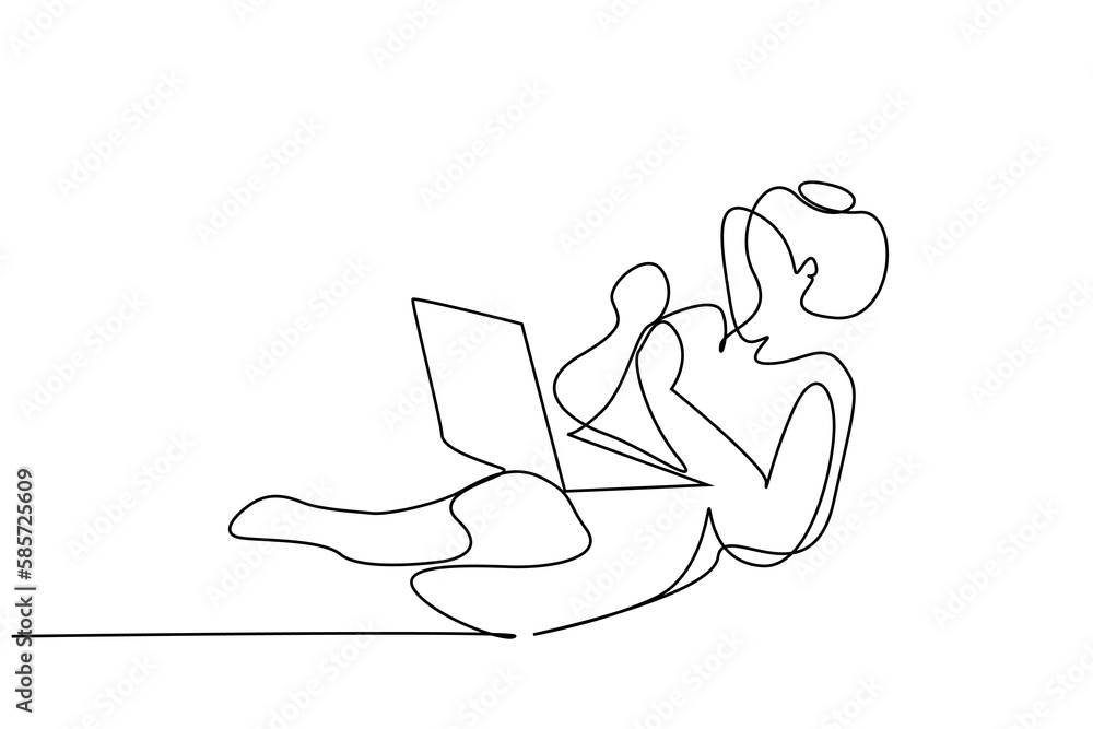 woman relax at home laptop happy win line art woman relax at home laptop happy win line art