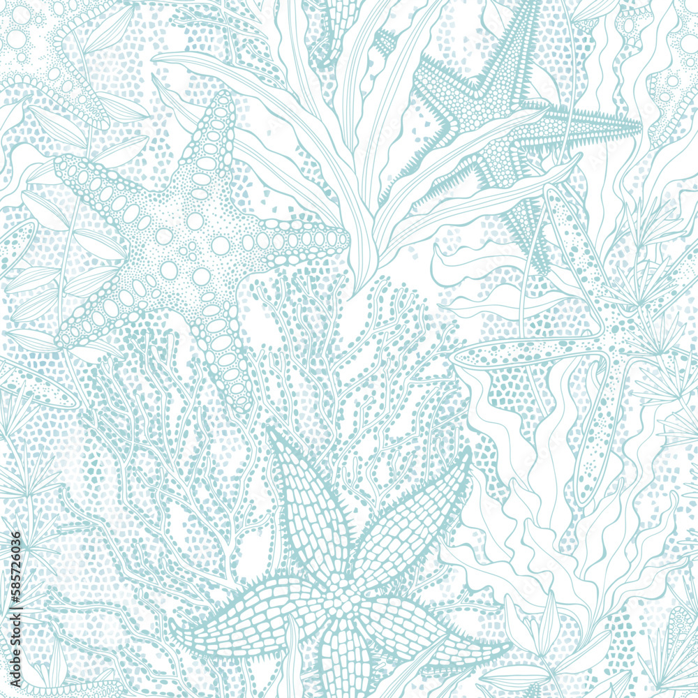Abstract seamless pattern on the marine theme with underwater plants, starfish on mosaic background. Vector. Perfect for design templates, wallpaper, wrapping, fabric and textile.