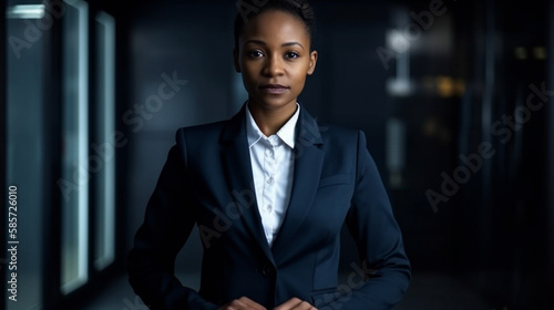 Confident, modern, young black business woman with office in the background photo