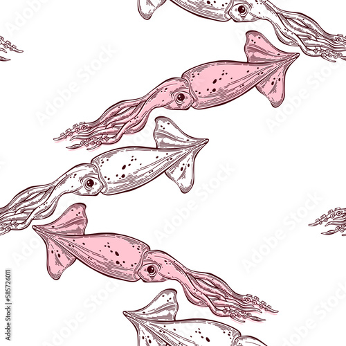 Seamless pattern with squids on white background.  Hand drawn vector illustration. Perfect for wallpaper, wrapping, fabric and textile.