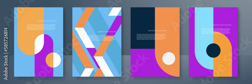 Colorful neo geometric poster. Grid with color geometrical shapes. Modern abstract promotional flyer background vector illustration set. Geometric template poster, brochure neo pattern