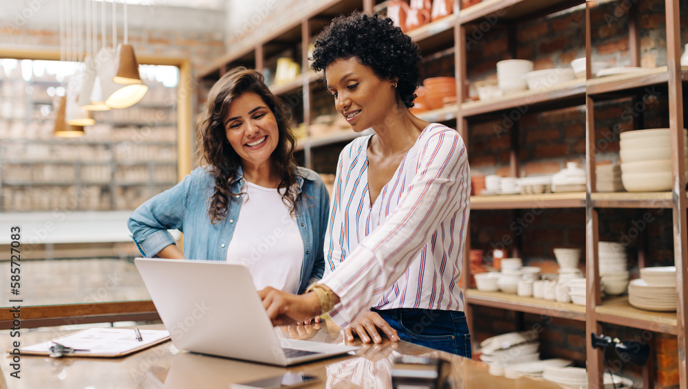 Αυτοκόλλητο Successful female ceramists using a laptop together in their store