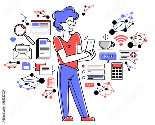 Phone working online person doing some job vector outline illustration, smartphone remote virtual working freelancer or a part of coworking team.