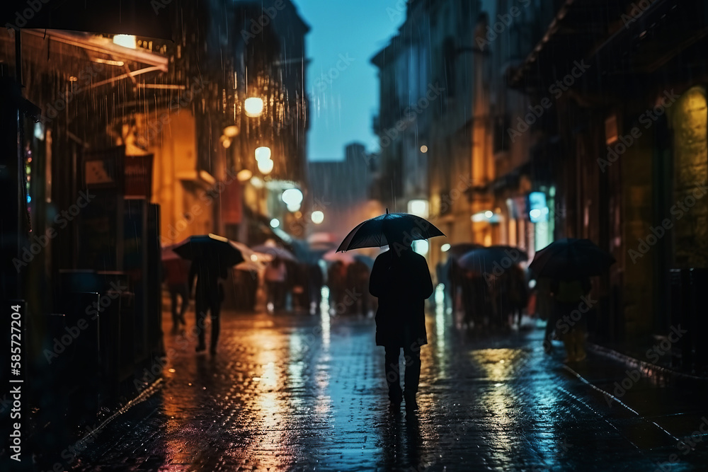 Generative AI illustration. Cinematic night rainy street with crowds of people with umbrellas Blurred background.