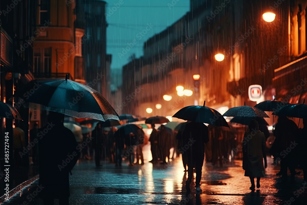 Generative AI illustration. Cinematic night rainy street with crowds of people with umbrellas Blurred background.