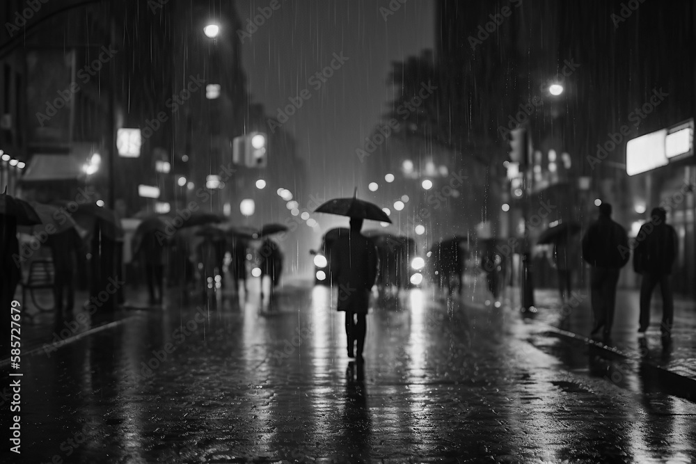 Generative AI black and white illustration. Cinematic night rainy street with crowds of people with umbrellas Blurred background.