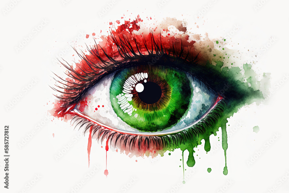 illustration of the watercolor realistic eye with colorful splashes. The concept for beauty salon, cosmetics label, cosmetology procedures, print, t-shirt design and makeup Generative Ai 