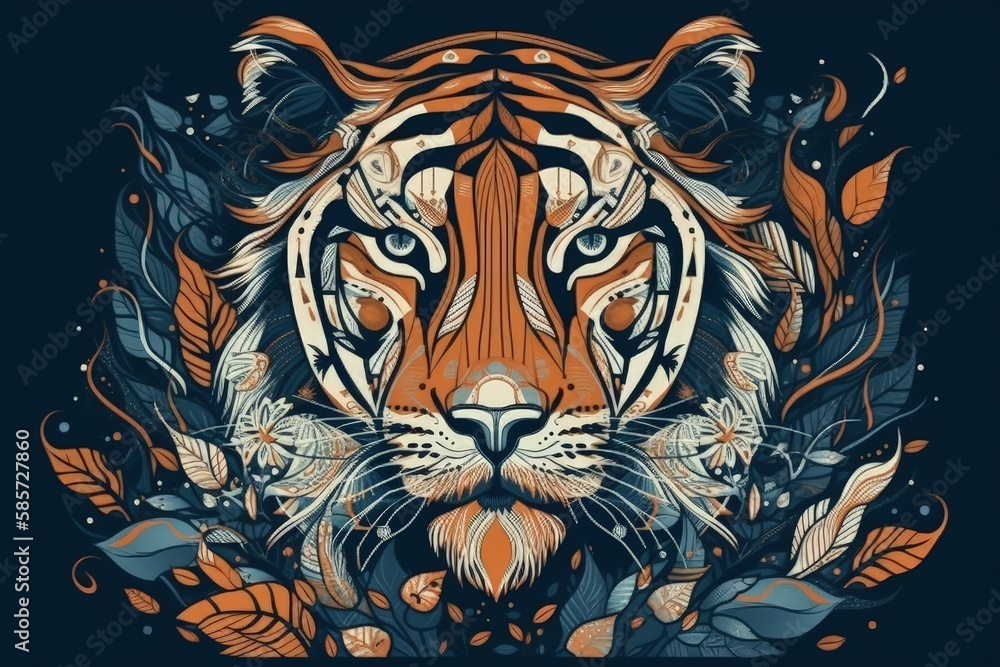 majestic tiger's face surrounded by lush foliage and vibrant flowers. Generative AI