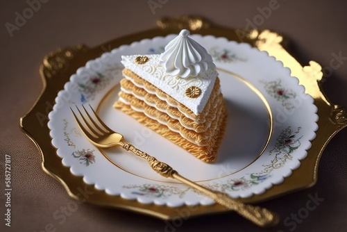 sweet dish for dessert in form of delicious napoleon cake on plate, created with generative ai