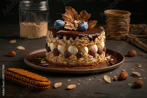 homemade napoleon cake decorated with nuts and chocolate cream, created with generative ai