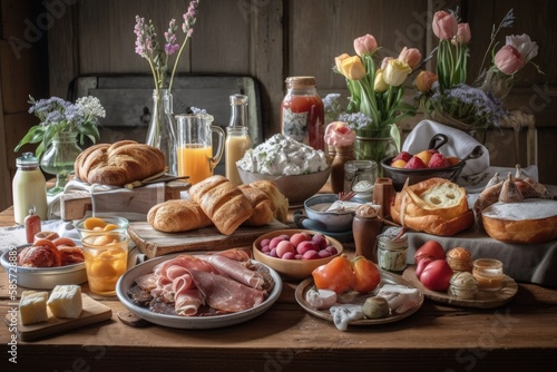 table filled with assorted foods including bread and fruit. Generative AI