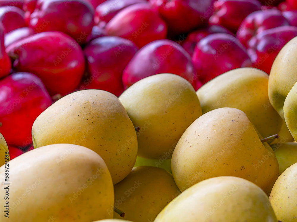 Fresh, organic green apples closeup and red on the blurred background. Sweet and juicy vegan food. Fresh, organic green apples closeup and red on the blurred background. Sweet and juicy vegan food.
