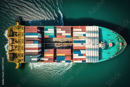  Top view of logistic freighter shipping and transportation. Global express in ocean. Maritime container ship or freight delivering cargo overseas, full of colorful metal containers. Generative AI
