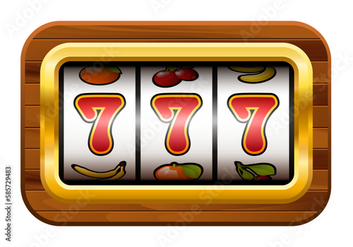 Jackpot. Slot machine with three sevens. Screen slot machine in a wooden frame. Vector clipart.