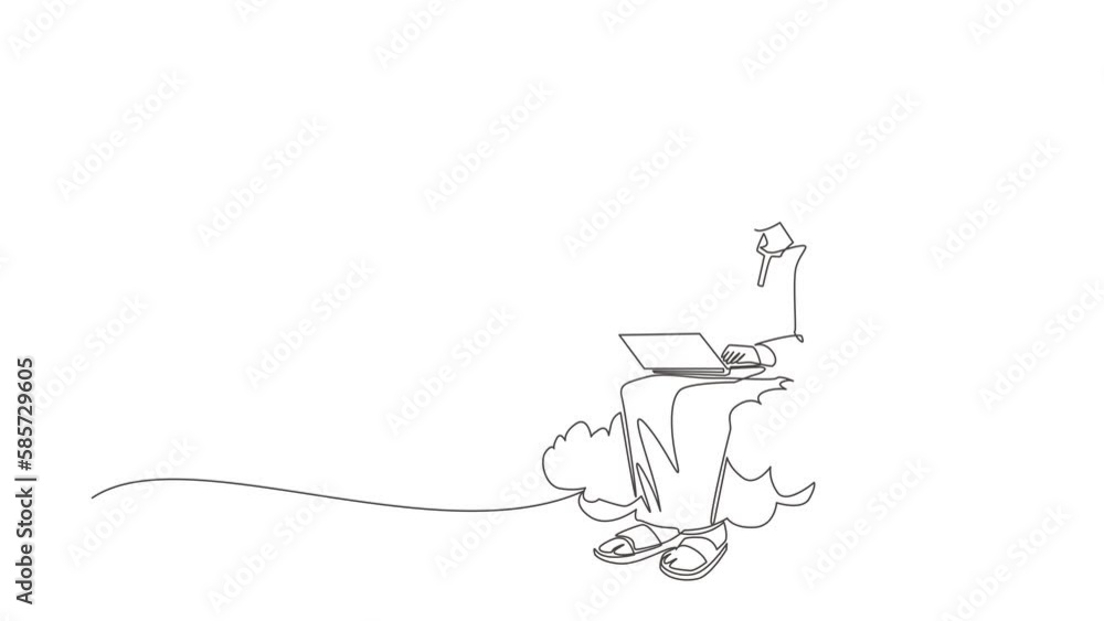 Animated self drawing of continuous line draw Arab businessman sitting on cloud in sky, working with laptop. Wireless connection. Networking, chatting using cloud. Full length one line animation Animated self drawing of continuous line draw Arab businessman sitting on cloud in sky, working with laptop. Wireless connection. Networking, chatting using cloud. Full length one line animation