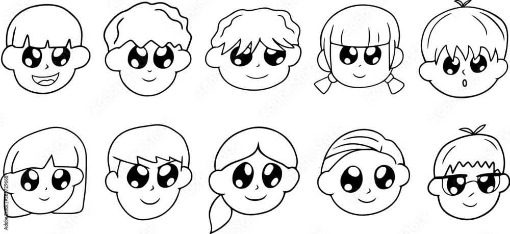 Cartoon kid face avatas set. Different kids with emotions outline style, vector illustration.