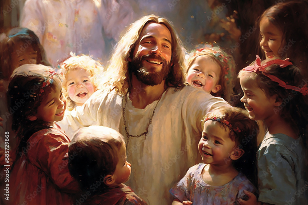 Jesus Christ with joyful children - Fine art oil painting style Stock