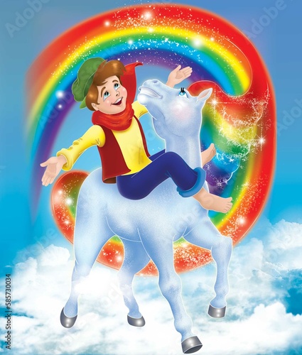 Raster color fantasy illustration of a boy riding a fairy horse with a rainbow mane and tail.