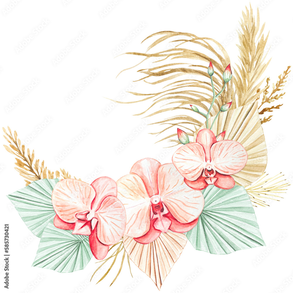 Obraz premium Orchid flowers, dried flowers. Hand drawn watercolor boho bouquet on isolated background.