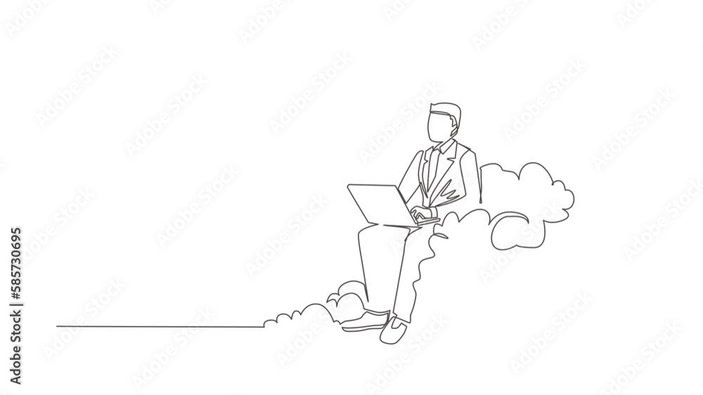 Self drawing animation of single line draw businessman sitting on cloud in sky, working with laptop. Wireless connection. Networking, chatting using cloud. Continuous line draw. Full length animated Self drawing animation of single line draw businessman sitting on cloud in sky, working with laptop. Wireless connection. Networking, chatting using cloud. Continuous line draw. Full length animated