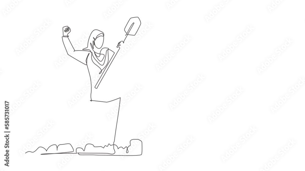 Self drawing animation of single line draw Arabic businesswoman standing holding shovel on dug ground. Woman with excited expression find treasures. Successful. Continuous line. Full length animated Self drawing animation of single line draw Arabic businesswoman standing holding shovel on dug ground. Woman with excited expression find treasures. Successful. Continuous line. Full length animated